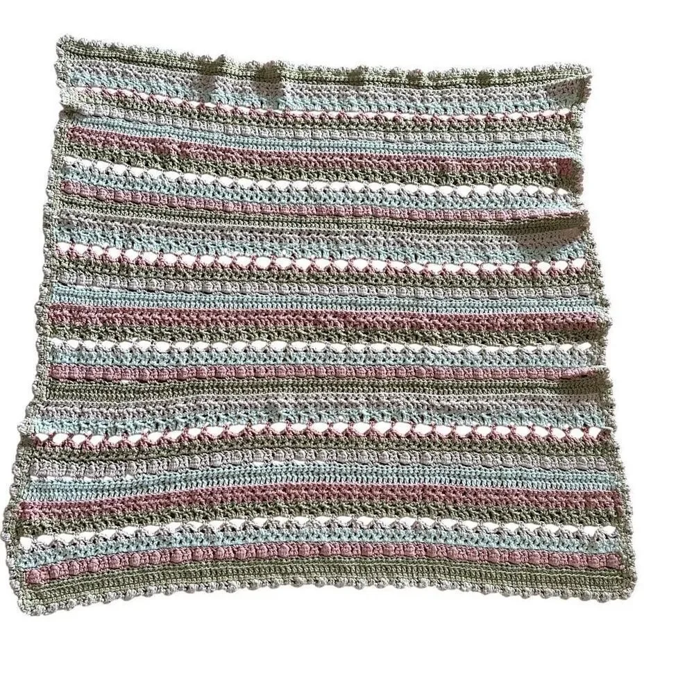 Hand Knit Baby Afghan Tan, White & Pink